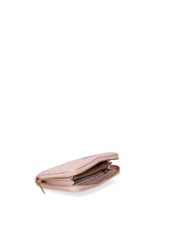 Cartera de mujer. El cierre es con cremallera. Los bolsillos internos son tarjeteros para billetes y monedas. Los bolsillos externos están ausentes. Falta la correa para el hombro. Falta el mango. Hay un compartimento interno. El material externo es 100%PU. Internamente es 100% Poliéster. Medidas: 19x10x3 cm. Producto de moda