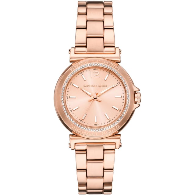 This Michael Kors Maren Analogue Watch for Women is the perfect timepiece to wear or to gift. It's Rose Gold 33 mm Round case combined with the comfortable Rose Gold Stainless steel watch band will ensure you enjoy this stunning timepiece without any compromise. Operated by a high quality Quartz movement and water resistant to 5 bars, your watch will keep ticking. Classic and charming watch perfect for every lady who likes to be the centre of attention.  This Analogue watch has a  function: Luminous Hands and Luminous Numbers High quality 19 cm length and 15 mm width Rose Gold Stainless steell strap with a Fold over with push button clasp Case diameter: 33 mm,case thickness: 9 mm, case colour: Rose Gold and dial colour: Rose gold