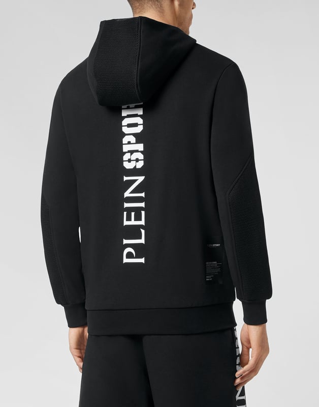 Maximize your training outcomes with this sweatjacket designed to push your limits.   Stretch cotton fleece   Mesh details   Logoed patch on thermo-sealed strap at left chest   Lined hood   Brand print on the back   Zip fastener   Two slit pockets   Rib knit hems