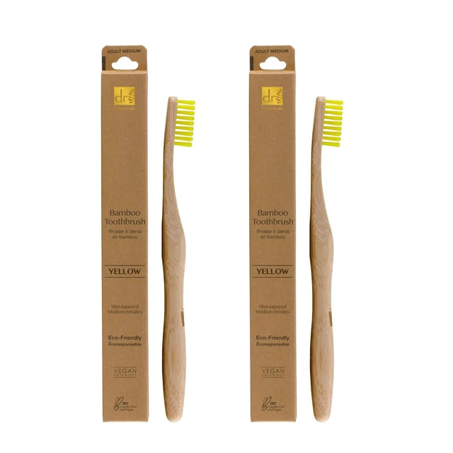 Dr Botanicals Bamboo Toothbrush Yellow x 2 Duo Pack Introducing our Eco-Friendly Bamboo Toothbrush, the perfect sustainable solution for your oral care routine. Crafted with gentle medium bristles, this toothbrush effectively cleans your teeth while protecting enamel. Recommended by dentists, its eco-friendly design significantly reduces plastic waste, making it an ideal choice for environmentally conscious consumers. Made from 100% biodegradable bamboo, our toothbrush is vegan, cruelty-free, and free from harmful plastics. Join the movement towards a cleaner planet and enjoy the perfect blend of sustainability and performance. Brush twice daily for optimal oral hygiene and make a positive impact on the environment with every use! Shop now and embrace a greener lifestyle!