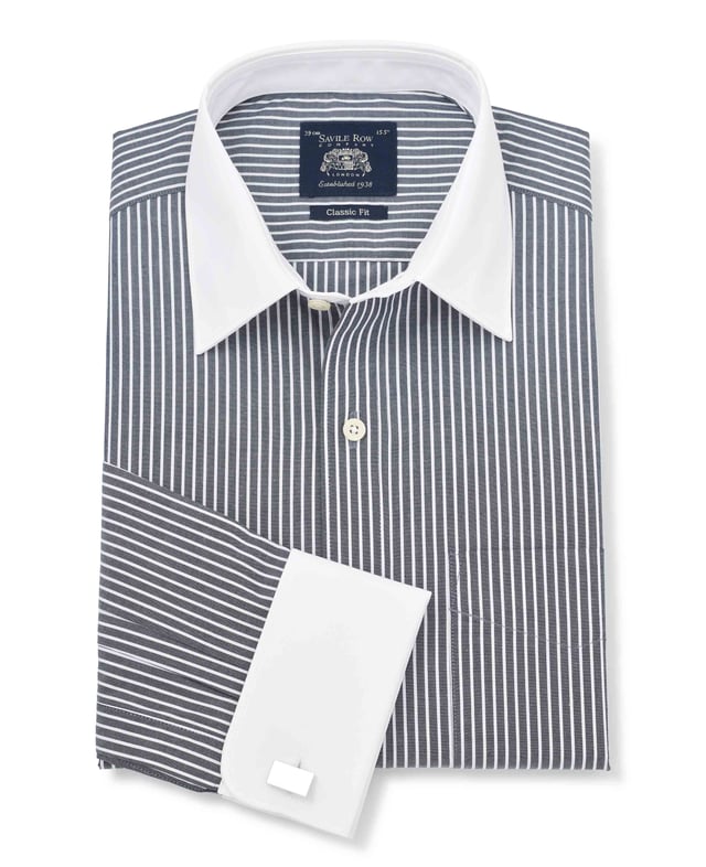 Black and white striped formal shirt with contrast white collar and cuffs. Crafted from the smoothest cotton and cut to our spacious classic fit. Contrast white curl resistant Windsor collar, with an integral and removable collar stay. 100% BCI cotton poplin; smooth to the touch. Generously proportioned classic fit. Curl resistant Windsor contrast white collar and double cuffs. Split yoke, long tails, chest pocket. Machine washable at 40°C. Shirt is presented in fully recyclable packaging.