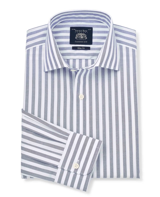 This navy and white striped shirt will bring a fresh feel to your formal ensembles. Cut to a slim fit shape with a curl-resistant collar, it can be worn with or without a tie. 100% BCI smooth cotton poplin; silk protein easy-care finish. A flattering, gently tapered fit for all builds. Curl resistant cutaway collar, with an integral and removable collar stay. Pucker-free french taped armhole seams. Split yoke, two back darts. Machine washable at 40°C. Presented in fully recyclable packaging.