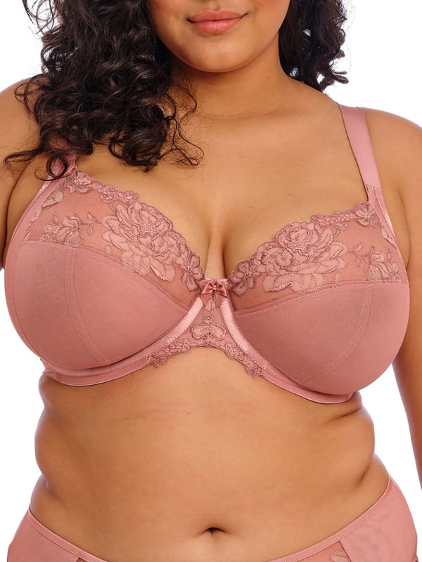 Elomi Teagan Plunge Bra. Underwired non padded plunge bra based on the beloved Matilda Plunge Bra with a low centre front, precision printed embroidery and smooth satin-look elastics. Product is recommended as hand wash only.