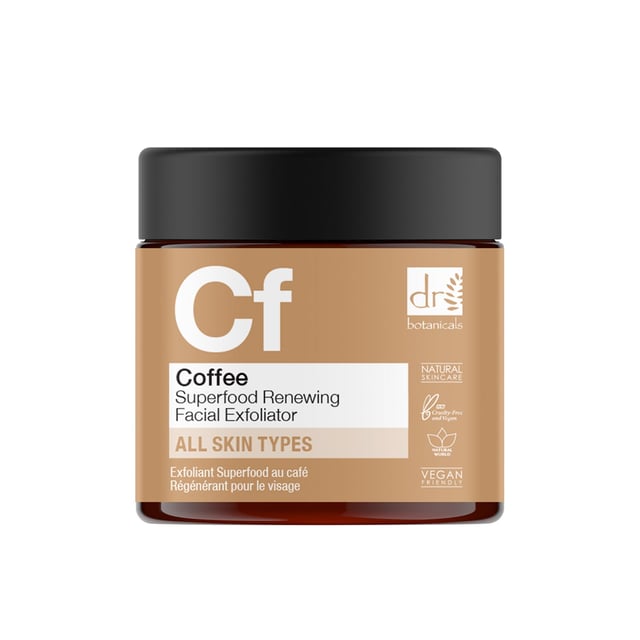 Dr Botanicals Coffee Superfood Renewing Facial Exfoliator 60ml Revitalise your skin with our Revitalising Coffee Exfoliator, designed specifically for dull, tired, and congested skin. This gentle yet effective exfoliant is suitable for all skin types and features nourishing Coffee Seed Extract and Shea Butter to buff away dead skin cells and purify pores, revealing a refreshed and luminous complexion. With natural walnut shell powder, it smooths and polishes your skin, while the invigorating coffee extract brightens and awakens your appearance. Perfect for regular use, this vegan and cruelty-free formula is free from parabens, sulfates, and artificial fragrances, ensuring a balanced, moisturised, and glowing skin. Experience the transformation – shop now and unveil your radiance!