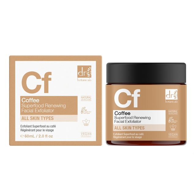 Dr Botanicals Coffee Superfood Renewing Facial Exfoliator 60ml Revitalise your skin with our Revitalising Coffee Exfoliator, designed specifically for dull, tired, and congested skin. This gentle yet effective exfoliant is suitable for all skin types and features nourishing Coffee Seed Extract and Shea Butter to buff away dead skin cells and purify pores, revealing a refreshed and luminous complexion. With natural walnut shell powder, it smooths and polishes your skin, while the invigorating coffee extract brightens and awakens your appearance. Perfect for regular use, this vegan and cruelty-free formula is free from parabens, sulfates, and artificial fragrances, ensuring a balanced, moisturised, and glowing skin. Experience the transformation – shop now and unveil your radiance!