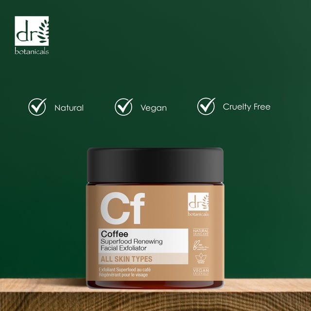 Dr Botanicals Coffee Superfood Renewing Facial Exfoliator 60ml Revitalise your skin with our Revitalising Coffee Exfoliator, designed specifically for dull, tired, and congested skin. This gentle yet effective exfoliant is suitable for all skin types and features nourishing Coffee Seed Extract and Shea Butter to buff away dead skin cells and purify pores, revealing a refreshed and luminous complexion. With natural walnut shell powder, it smooths and polishes your skin, while the invigorating coffee extract brightens and awakens your appearance. Perfect for regular use, this vegan and cruelty-free formula is free from parabens, sulfates, and artificial fragrances, ensuring a balanced, moisturised, and glowing skin. Experience the transformation – shop now and unveil your radiance!