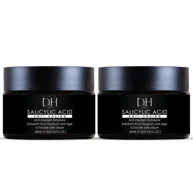 Dr H Salicylic Acid Anti-Ageing Exfoliator 60ml x 2 Duo Pack Revitalise your skin with our Radiant Renewal Exfoliator, expertly designed for all skin types, especially those battling dullness, clogged pores, and rough texture. Infused with powerful ingredients like Salicylic Acid, Walnut Shell Powder, and Coffee Seed Extract, this luxurious formula gently exfoliates to reveal a smoother, clearer complexion. Say goodbye to tired skin as it deeply hydrates with Glycerin and Shea Butter, leaving you with a radiant glow. Enjoy the benefits of a gentle exfoliation that unclogs pores, prevents breakouts, and restores vibrancy. Suitable for sensitive skin, our vegan and cruelty-free product is free from parabens, sulfates, and artificial fragrances. Experience the transformation and shop now to uncover your skin's natural brilliance!