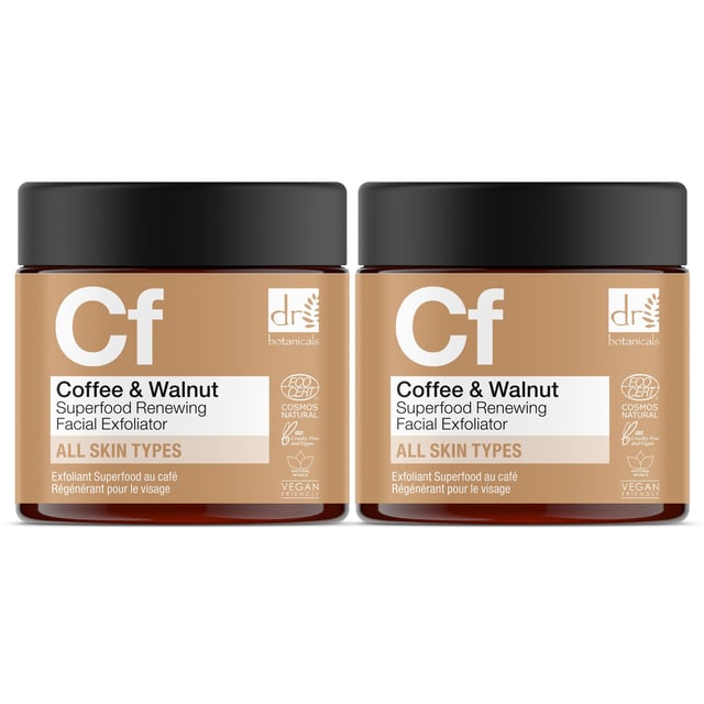 Dr Botanicals Coffee Superfood Renewing Facial Exfoliator 60ml x 2 Duo Pack Revitalise your skin with our Coffee Superfood Renewing Facial Exfoliator, specially formulated for all skin types seeking a brighter and smoother complexion. Enriched with organic coffee extract and natural ingredients, this gentle exfoliator effectively smooths and brightens your skin, leaving it refreshed and glowing. Enjoy the benefits of hydration and calmness from nourishing botanicals, while maintaining skin health for a lasting radiant look. Perfect for regular use, simply apply a small amount to clean, dry skin, massage gently in circular motions, and rinse thoroughly. Vegan, cruelty-free, and free from parabens and sulfates, our exfoliator is your ultimate skin reviver. Shop now to experience the rejuvenating power of nature!