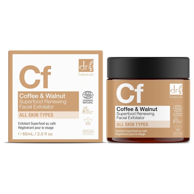 Dr Botanicals Coffee Superfood Renewing Facial Exfoliator 60ml x 2 Duo Pack Revitalise your skin with our Coffee Superfood Renewing Facial Exfoliator, specially formulated for all skin types seeking a brighter and smoother complexion. Enriched with organic coffee extract and natural ingredients, this gentle exfoliator effectively smooths and brightens your skin, leaving it refreshed and glowing. Enjoy the benefits of hydration and calmness from nourishing botanicals, while maintaining skin health for a lasting radiant look. Perfect for regular use, simply apply a small amount to clean, dry skin, massage gently in circular motions, and rinse thoroughly. Vegan, cruelty-free, and free from parabens and sulfates, our exfoliator is your ultimate skin reviver. Shop now to experience the rejuvenating power of nature!