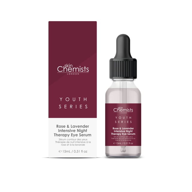 skinChemists Youth Series Rose & Lavender Intensive Night Therapy Eye Serum 15ml Revitalise your eyes with our Rose & Lavender Intensive Night Therapy Eye Serum, specially designed for tired, dull, and dehydrated skin. This lightweight, fast-absorbing serum harnesses the nourishing power of rose extract to brighten dark circles and smooth the delicate skin around your eyes, while lavender calms puffiness and reduces swelling for a refreshed appearance. Suitable for all skin types, including sensitive skin, this vegan and cruelty-free formula is free from parabens, sulfates, and artificial fragrances, making it perfect for daily use. Apply morning and evening for optimal results and experience the transformative benefits of deeply hydrated, youthful-looking eyes. Try it today and see the difference!