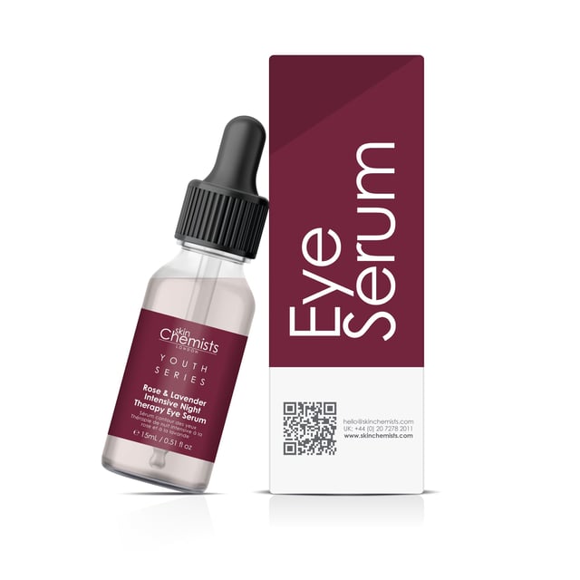 skinChemists Youth Series Rose & Lavender Intensive Night Therapy Eye Serum 15ml Revitalise your eyes with our Rose & Lavender Intensive Night Therapy Eye Serum, specially designed for tired, dull, and dehydrated skin. This lightweight, fast-absorbing serum harnesses the nourishing power of rose extract to brighten dark circles and smooth the delicate skin around your eyes, while lavender calms puffiness and reduces swelling for a refreshed appearance. Suitable for all skin types, including sensitive skin, this vegan and cruelty-free formula is free from parabens, sulfates, and artificial fragrances, making it perfect for daily use. Apply morning and evening for optimal results and experience the transformative benefits of deeply hydrated, youthful-looking eyes. Try it today and see the difference!