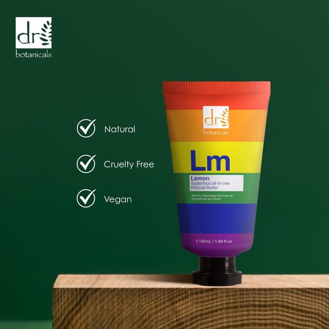 Dr Botanicals Pride Edition Lemon Superfood All-In-One Rescue Butter 50ml Transform your dry, dull skin with our Lemon Superfood Rescue Butter, the ultimate skin savior infused with nourishing Lemongrass Oil, Coconut Oil, and Almond Oil. This multi-purpose balm deeply moisturises and replenishes, reviving lackluster complexions for a radiant glow. Packed with antioxidants, it protects your skin from environmental stressors, while its fast-absorbing formula makes it perfect for use both morning and night. Suitable for all skin types, including sensitive skin, our vegan and cruelty-free butter is free from parabens, sulfates, and artificial fragrances. Experience instant relief from dryness and achieve silky, revitalised skin effortlessly. Apply a small amount to clean, dry skin as needed and discover the difference today!