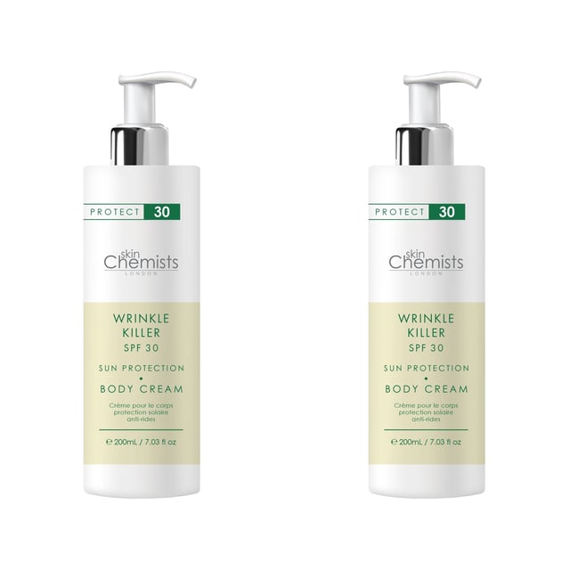 skinChemists Wrinkle Killer Sun Protection Body Cream SPF 30 200ml x 2 Duo Pack Introducing our Wrinkle Killer Sun Protection Body Cream SPF 30, the ultimate solution for hydration and sun protection. Formulated for all skin types, this lightweight and non-greasy cream is enriched with nourishing Aloe Barbadensis Leaf Juice and Persea Gratissima Oil, delivering deep hydration while shielding your skin from harmful UV rays. Experience a silky smooth texture and a youthful, radiant complexion as you combat sun damage and ageing. Easy to use, simply apply generously to clean, dry skin in the morning and reapply as needed for continuous protection. Suitable for sensitive skin, our vegan and cruelty-free formula is free from parabens, sulfates, and artificial fragrances. Shop now to give your skin the care it deserves!