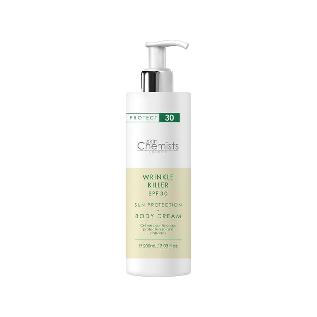 skinChemists Wrinkle Killer Sun Protection Body Cream SPF 30 200ml x 2 Duo Pack Introducing our Wrinkle Killer Sun Protection Body Cream SPF 30, the ultimate solution for hydration and sun protection. Formulated for all skin types, this lightweight and non-greasy cream is enriched with nourishing Aloe Barbadensis Leaf Juice and Persea Gratissima Oil, delivering deep hydration while shielding your skin from harmful UV rays. Experience a silky smooth texture and a youthful, radiant complexion as you combat sun damage and ageing. Easy to use, simply apply generously to clean, dry skin in the morning and reapply as needed for continuous protection. Suitable for sensitive skin, our vegan and cruelty-free formula is free from parabens, sulfates, and artificial fragrances. Shop now to give your skin the care it deserves!