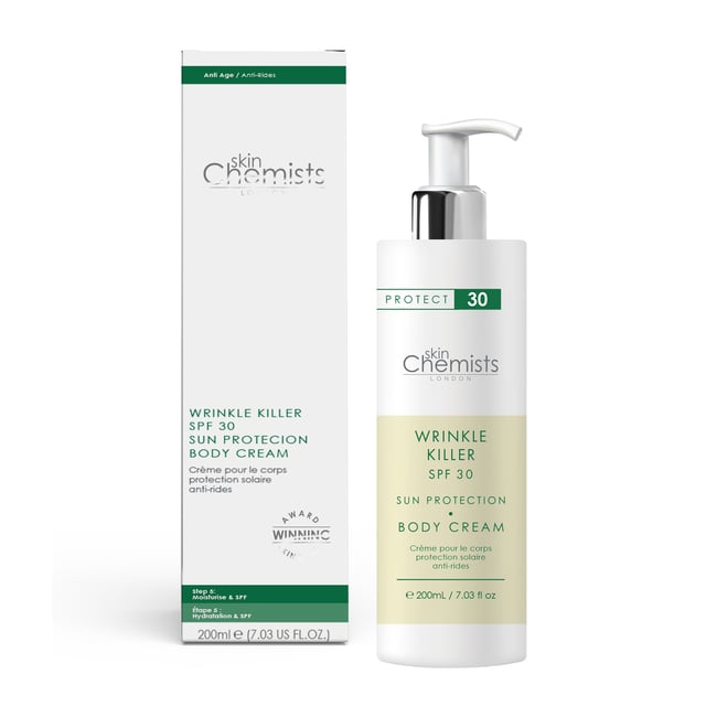 skinChemists Wrinkle Killer Sun Protection Body Cream SPF 30 200ml x 2 Duo Pack Introducing our Wrinkle Killer Sun Protection Body Cream SPF 30, the ultimate solution for hydration and sun protection. Formulated for all skin types, this lightweight and non-greasy cream is enriched with nourishing Aloe Barbadensis Leaf Juice and Persea Gratissima Oil, delivering deep hydration while shielding your skin from harmful UV rays. Experience a silky smooth texture and a youthful, radiant complexion as you combat sun damage and ageing. Easy to use, simply apply generously to clean, dry skin in the morning and reapply as needed for continuous protection. Suitable for sensitive skin, our vegan and cruelty-free formula is free from parabens, sulfates, and artificial fragrances. Shop now to give your skin the care it deserves!
