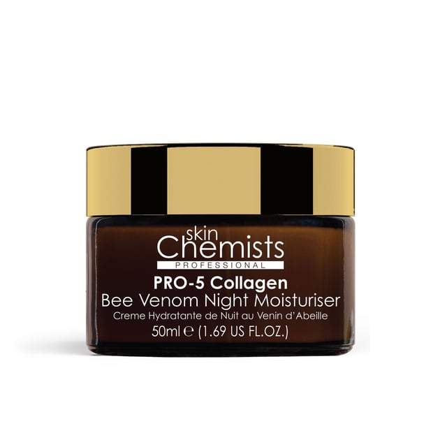 skinChemists Pro-5 Collagen Bee Venom Night Moisturiser 50ml Transform your nighttime skincare routine with our Pro-5 Collagen Bee Venom Night Moisturiser, specially formulated for all skin types seeking rejuvenation. This luxurious cream combines Collagen Amino Acids, Bee Venom, and Retinol to deeply hydrate, reduce fine lines, and enhance skin firmness while you sleep. Experience a revitalised, plump, and radiant complexion by morning, as the non-greasy formula absorbs quickly for overnight results. Infused with soothing Tiare Flower Extract, it nourishes and calms your skin, making it perfect for sensitive types. Plus, it's vegan, cruelty-free, and free from parabens and sulfates. Wake up to youthful, luminous skin—shop now!