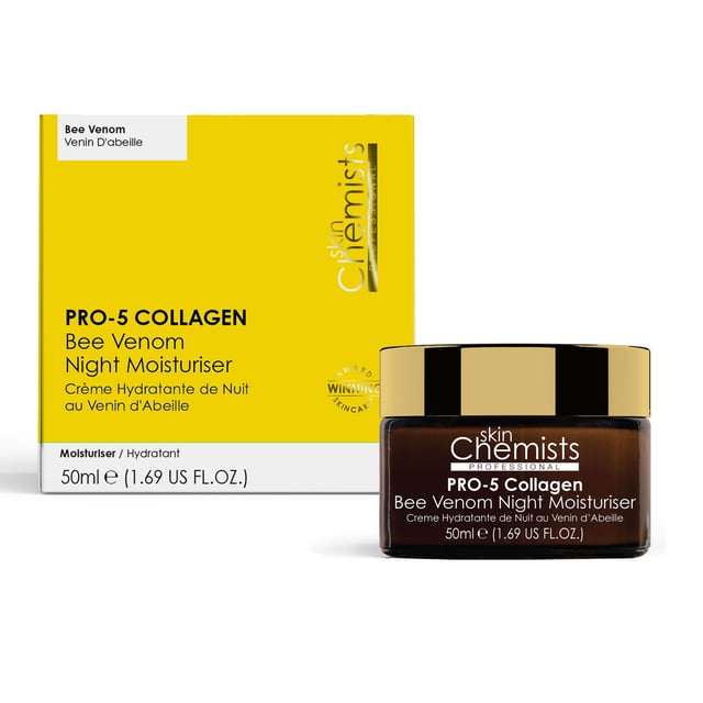 skinChemists Pro-5 Collagen Bee Venom Night Moisturiser 50ml Transform your nighttime skincare routine with our Pro-5 Collagen Bee Venom Night Moisturiser, specially formulated for all skin types seeking rejuvenation. This luxurious cream combines Collagen Amino Acids, Bee Venom, and Retinol to deeply hydrate, reduce fine lines, and enhance skin firmness while you sleep. Experience a revitalised, plump, and radiant complexion by morning, as the non-greasy formula absorbs quickly for overnight results. Infused with soothing Tiare Flower Extract, it nourishes and calms your skin, making it perfect for sensitive types. Plus, it's vegan, cruelty-free, and free from parabens and sulfates. Wake up to youthful, luminous skin—shop now!