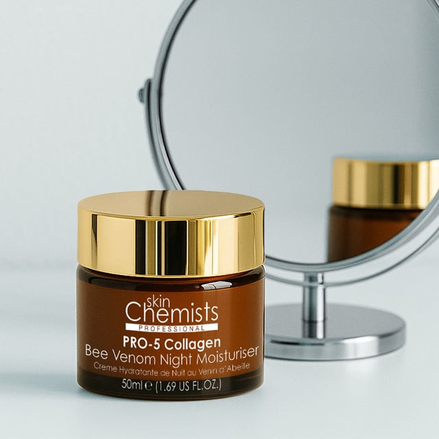 skinChemists Pro-5 Collagen Bee Venom Night Moisturiser 50ml Transform your nighttime skincare routine with our Pro-5 Collagen Bee Venom Night Moisturiser, specially formulated for all skin types seeking rejuvenation. This luxurious cream combines Collagen Amino Acids, Bee Venom, and Retinol to deeply hydrate, reduce fine lines, and enhance skin firmness while you sleep. Experience a revitalised, plump, and radiant complexion by morning, as the non-greasy formula absorbs quickly for overnight results. Infused with soothing Tiare Flower Extract, it nourishes and calms your skin, making it perfect for sensitive types. Plus, it's vegan, cruelty-free, and free from parabens and sulfates. Wake up to youthful, luminous skin—shop now!