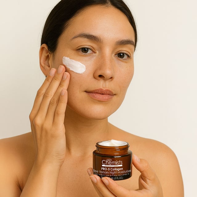 skinChemists Pro-5 Collagen Bee Venom Night Moisturiser 50ml Transform your nighttime skincare routine with our Pro-5 Collagen Bee Venom Night Moisturiser, specially formulated for all skin types seeking rejuvenation. This luxurious cream combines Collagen Amino Acids, Bee Venom, and Retinol to deeply hydrate, reduce fine lines, and enhance skin firmness while you sleep. Experience a revitalised, plump, and radiant complexion by morning, as the non-greasy formula absorbs quickly for overnight results. Infused with soothing Tiare Flower Extract, it nourishes and calms your skin, making it perfect for sensitive types. Plus, it's vegan, cruelty-free, and free from parabens and sulfates. Wake up to youthful, luminous skin—shop now!