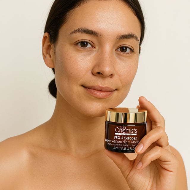 skinChemists Pro-5 Collagen Bee Venom Night Moisturiser 50ml Transform your nighttime skincare routine with our Pro-5 Collagen Bee Venom Night Moisturiser, specially formulated for all skin types seeking rejuvenation. This luxurious cream combines Collagen Amino Acids, Bee Venom, and Retinol to deeply hydrate, reduce fine lines, and enhance skin firmness while you sleep. Experience a revitalised, plump, and radiant complexion by morning, as the non-greasy formula absorbs quickly for overnight results. Infused with soothing Tiare Flower Extract, it nourishes and calms your skin, making it perfect for sensitive types. Plus, it's vegan, cruelty-free, and free from parabens and sulfates. Wake up to youthful, luminous skin—shop now!