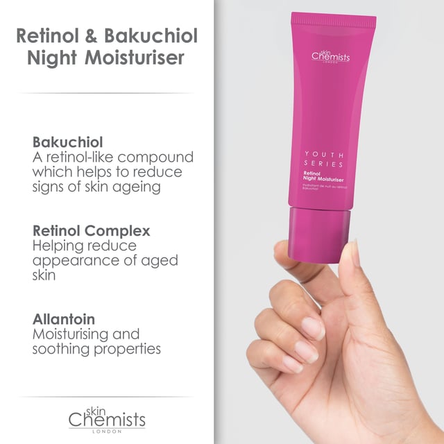 skinChemists Youth Series Retinol & Bakuchiol Night Moisturiser 50ml x 2 Duo Pack Transform your skincare routine with our Revitalising Retinol Night Moisturiser, designed for smooth, firm, and radiant skin while you sleep. This powerful formula, suitable for all skin types, combines Retinol, Bakuchiol, and Hyaluronic Acid to combat fine lines and signs of ageing. Experience intensive overnight care that smooths wrinkles, enhances elasticity, and deeply hydrates for a youthful glow. With dermatologist-approved, vegan, and cruelty-free ingredients, our moisturiser is free from parabens, sulfates, and artificial fragrances. Wake up to a revitalised complexion and enjoy a plumper, firmer visage by morning. Shop now to unlock the transformative benefits of our Revitalising Retinol Night Moisturiser!