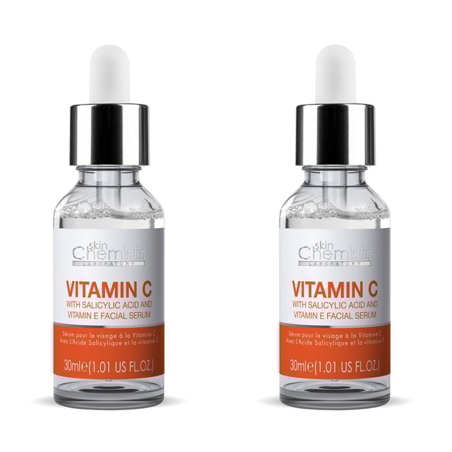 skinChemists Anti-Ageing Vitamin C Salicylic Acid Facial Serum 30ml x 2 Duo Pack Revitalise your complexion with our expertly formulated Revitalising Anti-Ageing Serum, designed for dull, ageing skin. Infused with powerful Vitamin C, this lightweight serum brightens and enhances your youthful glow while Salicylic Acid exfoliates and clears pores for a smoother texture. Aloe Vera soothes and hydrates, making it perfect for daily use under makeup or SPF. Suitable for all skin types, including sensitive skin, our vegan and cruelty-free formula is free from parabens, sulfates, and artificial fragrances. Apply 2-3 drops morning and night for optimal results and experience the transformation to a radiant, revitalised appearance. Shop now and embrace your natural beauty!