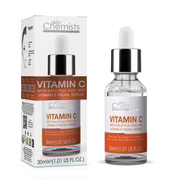 skinChemists Anti-Ageing Vitamin C Salicylic Acid Facial Serum 30ml x 2 Duo Pack Revitalise your complexion with our expertly formulated Revitalising Anti-Ageing Serum, designed for dull, ageing skin. Infused with powerful Vitamin C, this lightweight serum brightens and enhances your youthful glow while Salicylic Acid exfoliates and clears pores for a smoother texture. Aloe Vera soothes and hydrates, making it perfect for daily use under makeup or SPF. Suitable for all skin types, including sensitive skin, our vegan and cruelty-free formula is free from parabens, sulfates, and artificial fragrances. Apply 2-3 drops morning and night for optimal results and experience the transformation to a radiant, revitalised appearance. Shop now and embrace your natural beauty!