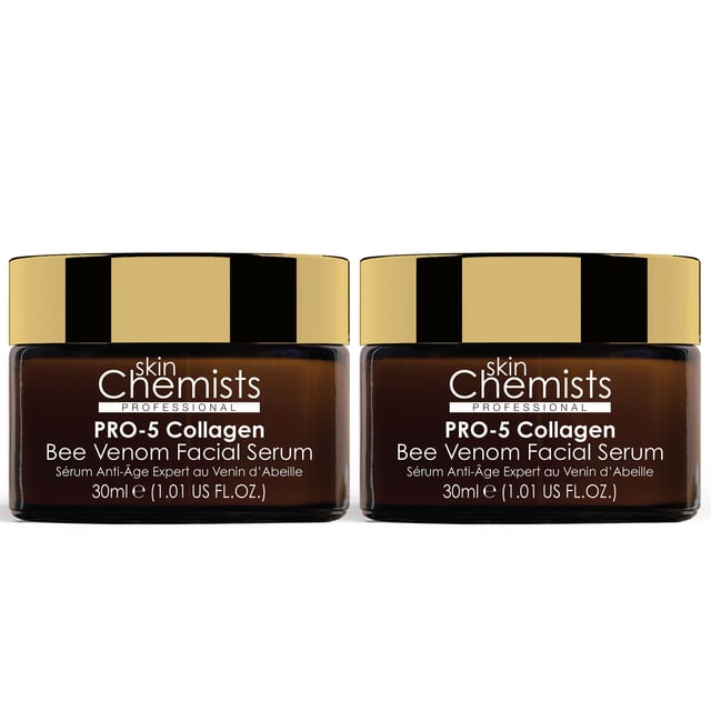 skinChemists Pro-5 Collagen Bee Venom Facial Serum 30ml x 2 Duo Pack Revitalise your skin with our Collagen Bee Venom Facial Serum, designed for all skin types seeking hydration and anti-ageing benefits. This lightweight, fast-absorbing serum is enriched with bee venom, collagen amino acids, and Vitamin C to deeply hydrate, enhance elasticity, and brighten your complexion. Experience a smoother texture and a youthful glow as it combats dullness and reduces fine lines. Perfect for daily use, simply apply 2-3 drops onto clean skin morning and night, followed by your favorite moisturiser. Vegan, cruelty-free, and free from parabens and sulfates, this dermatologist-approved serum is your essential solution for firmer, hydrated, and youthful skin. Shop now and feel the difference!