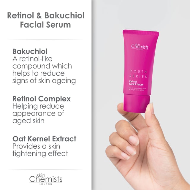 skinChemists Youth Series Retinol & Bakuchiol Facial Serum 30ml x 2 Duo Pack Introducing our Youthful Radiance Retinol Serum, the essential anti-ageing solution for achieving firmer, smoother, and more youthful skin. Designed for all skin types, this powerful serum combines Retinol and Bakuchiol to effectively minimise fine lines, balance excess oil, and lock in moisture for a refreshed complexion. Experience a revitalised appearance as our fast-absorbing, non-greasy formula delivers lasting hydration and a smooth, matte finish. Perfect for day or night use, simply apply 2-3 drops onto clean, dry skin and follow with your favorite moisturiser. Enjoy the benefits of a vegan, cruelty-free product that’s dermatologist-approved and free from parabens, sulfates, and artificial fragrances. Transform your skincare routine and embrace the radiant skin you deserve!