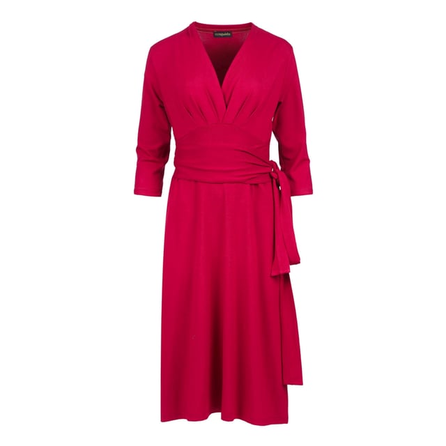 Sumérgete en una elegancia natural con este vestido cruzado con cuello en V y manga 3/4, confeccionado con un tejido de punto de viscosa y elastano lujosamente suave. Diseñado para favorecer, este vestido presenta un corpiño ajustado, cintura fruncida y un cinturón anudado, creando una silueta bellamente definida. La falda fluida de corte A cae con gracia, lo que la convierte en una pieza atemporal para cualquier ocasión. Perfecto tanto para ambientes informales como formales, este vestido versátil combina perfectamente del día a la noche. Combínalo con tacones para una apariencia elevada u opta por zapatos planos para un conjunto elegante y sin esfuerzo.