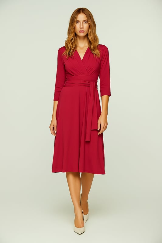 Sumérgete en una elegancia natural con este vestido cruzado con cuello en V y manga 3/4, confeccionado con un tejido de punto de viscosa y elastano lujosamente suave. Diseñado para favorecer, este vestido presenta un corpiño ajustado, cintura fruncida y un cinturón anudado, creando una silueta bellamente definida. La falda fluida de corte A cae con gracia, lo que la convierte en una pieza atemporal para cualquier ocasión. Perfecto tanto para ambientes informales como formales, este vestido versátil combina perfectamente del día a la noche. Combínalo con tacones para una apariencia elevada u opta por zapatos planos para un conjunto elegante y sin esfuerzo.