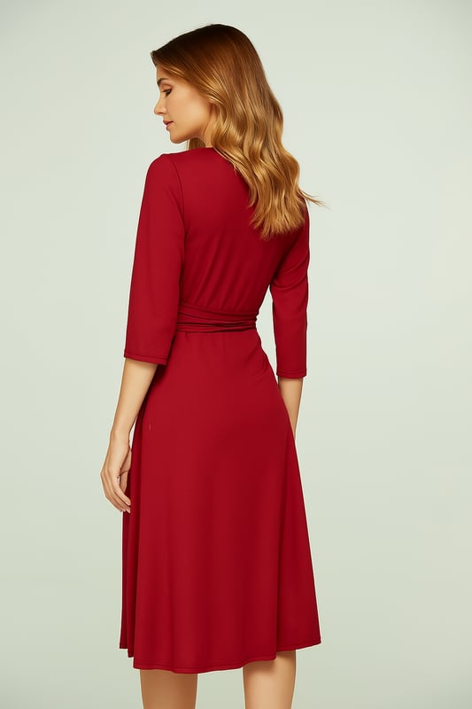 Sumérgete en una elegancia natural con este vestido cruzado con cuello en V y manga 3/4, confeccionado con un tejido de punto de viscosa y elastano lujosamente suave. Diseñado para favorecer, este vestido presenta un corpiño ajustado, cintura fruncida y un cinturón anudado, creando una silueta bellamente definida. La falda fluida de corte A cae con gracia, lo que la convierte en una pieza atemporal para cualquier ocasión. Perfecto tanto para ambientes informales como formales, este vestido versátil combina perfectamente del día a la noche. Combínalo con tacones para una apariencia elevada u opta por zapatos planos para un conjunto elegante y sin esfuerzo.
