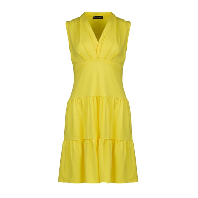 Este vestido amarillo sin mangas con cuello en V, confeccionado con un tejido de punto de viscosa y elastano suave y elástico, ofrece una combinación perfecta de comodidad y estilo. El elegante escote en V con detalles fruncidos realza la silueta, mientras que el corte holgado garantiza un uso sin esfuerzo en cualquier ocasión. Con un largo por encima de la rodilla y un diseño de falda escalonada, este vestido añade un toque de feminidad y movimiento. Ideal para salidas informales, eventos de verano y uso diario, combina maravillosamente con sandalias o zapatillas deportivas para una apariencia relajada, o con tacones para una apariencia más refinada.