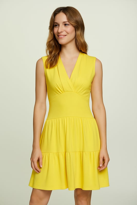 Este vestido amarillo sin mangas con cuello en V, confeccionado con un tejido de punto de viscosa y elastano suave y elástico, ofrece una combinación perfecta de comodidad y estilo. El elegante escote en V con detalles fruncidos realza la silueta, mientras que el corte holgado garantiza un uso sin esfuerzo en cualquier ocasión. Con un largo por encima de la rodilla y un diseño de falda escalonada, este vestido añade un toque de feminidad y movimiento. Ideal para salidas informales, eventos de verano y uso diario, combina maravillosamente con sandalias o zapatillas deportivas para una apariencia relajada, o con tacones para una apariencia más refinada.