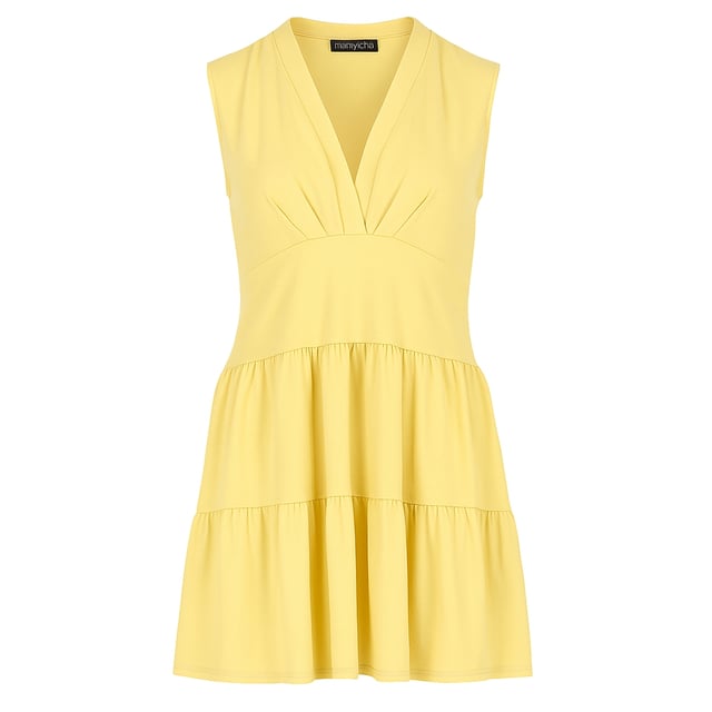 Añade un toque de color a tu guardarropa con este vestido amarillo sin mangas, confeccionado con un jersey de algodón y elastano suave y elástico. El vestido presenta una silueta favorecedora con un escote en V profundo y un diseño escalonado, perfecto para días informales o para ocasiones especiales. Con una longitud de 92 cm para la talla S, ofrece un look versátil que llega justo por encima de las rodillas, lo que lo hace cómodo y elegante.