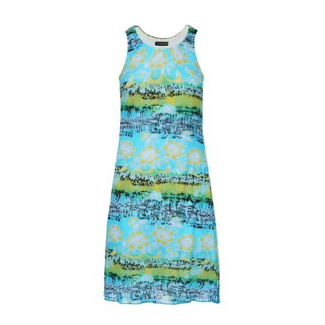 Ilumina tu guardarropa para el clima cálido con este vestido de verano sin mangas que presenta un vibrante estampado floral y de rayas multicolor. La capa exterior está hecha de una red de nailon ligera estampada, lo que le da un efecto fresco y semitransparente, mientras que el forro interior está confeccionado con un tejido de punto de algodón 100 % suave para una comodidad transpirable. La silueta relajada de corte A y la llamativa paleta de colores lo convierten en la opción perfecta para días de playa, vacaciones o salidas informales.