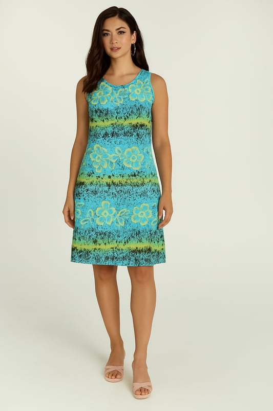 Ilumina tu guardarropa para el clima cálido con este vestido de verano sin mangas que presenta un vibrante estampado floral y de rayas multicolor. La capa exterior está hecha de una red de nailon ligera estampada, lo que le da un efecto fresco y semitransparente, mientras que el forro interior está confeccionado con un tejido de punto de algodón 100 % suave para una comodidad transpirable. La silueta relajada de corte A y la llamativa paleta de colores lo convierten en la opción perfecta para días de playa, vacaciones o salidas informales.