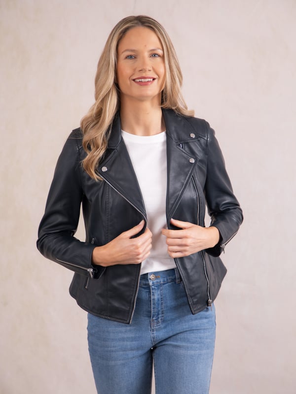 Tarraby Leather Biker Jacket in Navy A timeless outerwear essential, the Tarraby reimagines the classic biker jacket with refined detailing for any occasion. Crafted from supple semi aniline leather, the Tarraby is effortlessly versatile, able to be dressed up or down as needed. Featuring an asymmetric zip fastening and iconic biker lapels and collar, it’s tailored to enhance your natural curves, creating a flattering, stylish silhouette.