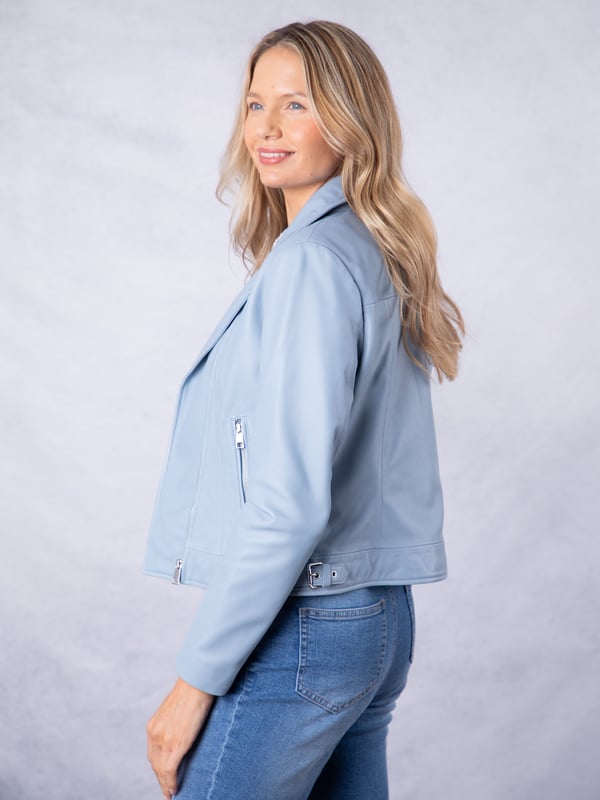 Thornhill Leather Biker Jacket in Sky Blue Update your outerwear this season with the stunning Thornhill leather biker in sky blue. We've crafted this style from butter soft nappa leather, which is designed to last you years and get better the more you wear it. Thornhill features all the classic biker details, including an asymmetric zip front, lapel collar and adjustable side buckles. This is a luxurious, fresh wardrobe option you won't want to miss!