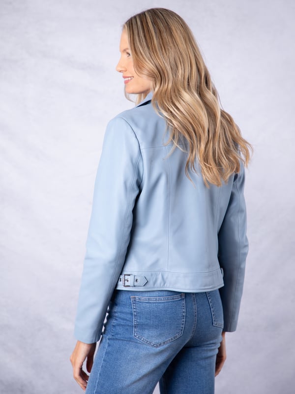 Thornhill Leather Biker Jacket in Sky Blue Update your outerwear this season with the stunning Thornhill leather biker in sky blue. We've crafted this style from butter soft nappa leather, which is designed to last you years and get better the more you wear it. Thornhill features all the classic biker details, including an asymmetric zip front, lapel collar and adjustable side buckles. This is a luxurious, fresh wardrobe option you won't want to miss!