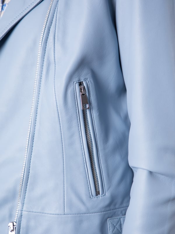 Thornhill Leather Biker Jacket in Sky Blue Update your outerwear this season with the stunning Thornhill leather biker in sky blue. We've crafted this style from butter soft nappa leather, which is designed to last you years and get better the more you wear it. Thornhill features all the classic biker details, including an asymmetric zip front, lapel collar and adjustable side buckles. This is a luxurious, fresh wardrobe option you won't want to miss!