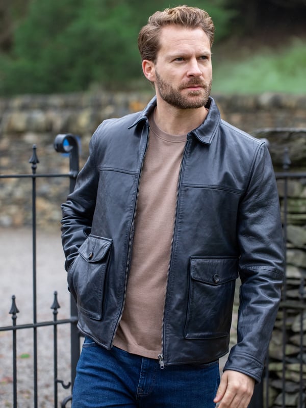 Add the suave Hesket leather jacket to effortlessly elevate your wardrobe. Crafted from the highest quality vegetable tanned aniline leather that&rsquo;ll get better and more unique with each wear, this deep navy jacket has been inspired by the 70s for ultimate vintage appeal. A classic collar, easy centre zip and large pockets (as well as three inner ones) make the Hesket the perfect combination of style and substance.