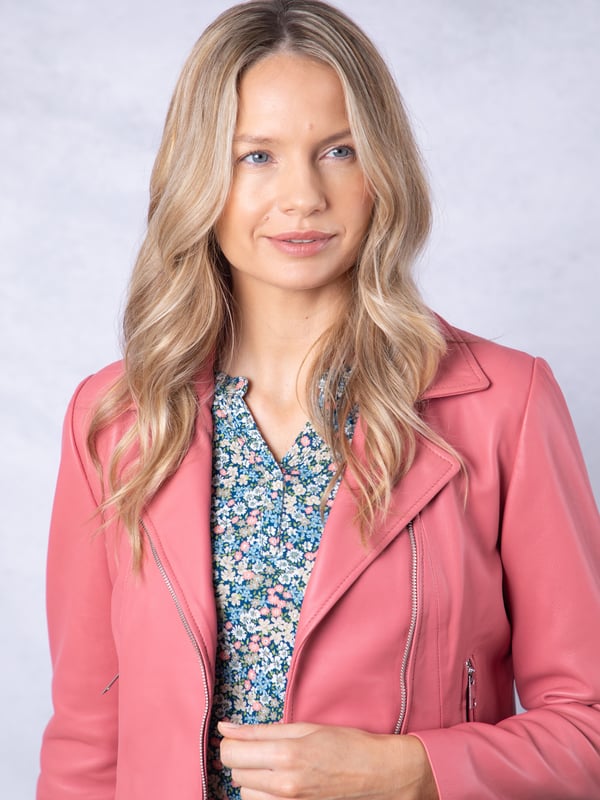 Thornhill Leather Biker Jacket in Pink Update your outerwear this season with the stunning Thornhill leather biker in pink. We've crafted this style from butter soft nappa leather, which is designed to last you years and get better the more you wear it. Thornhill features all the classic biker details, including an asymmetric zip front, lapel collar and adjustable side buckles. This is a luxurious, fresh wardrobe option you won't want to miss!