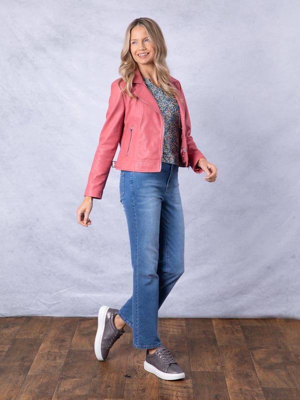 Thornhill Leather Biker Jacket in Pink Update your outerwear this season with the stunning Thornhill leather biker in pink. We've crafted this style from butter soft nappa leather, which is designed to last you years and get better the more you wear it. Thornhill features all the classic biker details, including an asymmetric zip front, lapel collar and adjustable side buckles. This is a luxurious, fresh wardrobe option you won't want to miss!