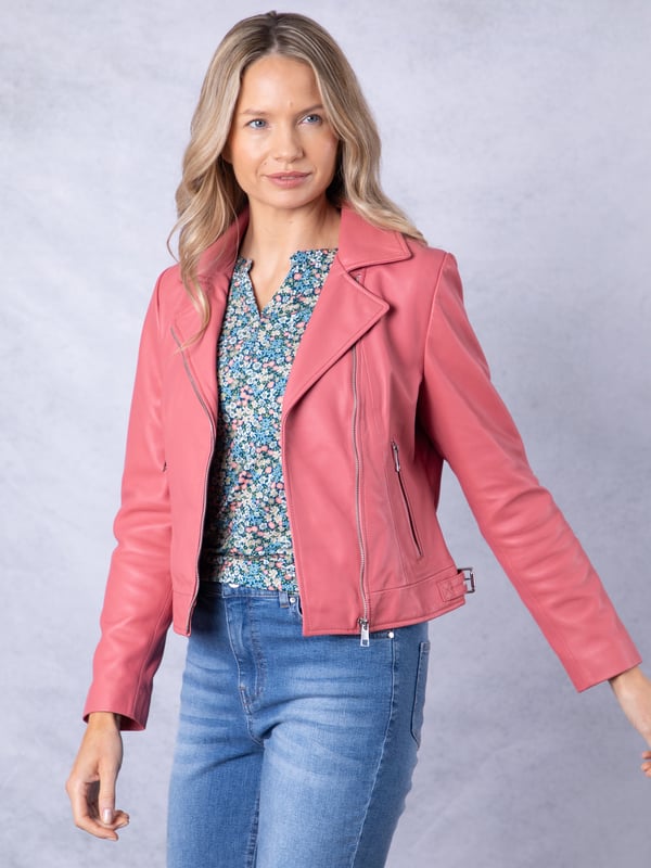 Thornhill Leather Biker Jacket in Pink Update your outerwear this season with the stunning Thornhill leather biker in pink. We've crafted this style from butter soft nappa leather, which is designed to last you years and get better the more you wear it. Thornhill features all the classic biker details, including an asymmetric zip front, lapel collar and adjustable side buckles. This is a luxurious, fresh wardrobe option you won't want to miss!
