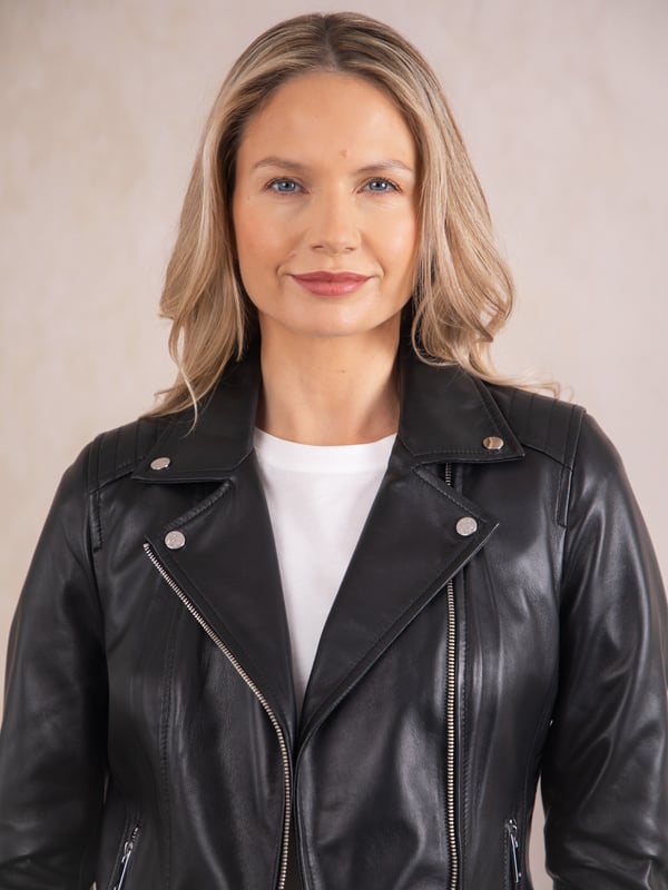 Tarraby Leather Biker Jacket in Black A timeless outerwear essential, the Tarraby reimagines the classic biker jacket with refined detailing for any occasion. Crafted from supple semi aniline leather, the Tarraby is effortlessly versatile, able to be dressed up or down as needed. Featuring an asymmetric zip fastening and iconic biker lapels and collar, it’s tailored to enhance your natural curves, creating a flattering, stylish silhouette.