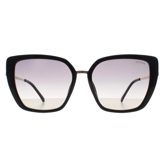 Guess Cat Eye Womens Shiny Black   Grey Gradient GF6199  Sunglasses feature a sleek, modern design with a lightweight frame, offering both style and comfort. The polycarbonate lenses provide 100% UV400 protection, ensuring your eyes stay safe under the sun. With a variety of frame and lens color combinations, these sunglasses add a fashionable touch to any outfit while providing optimal sun protection.