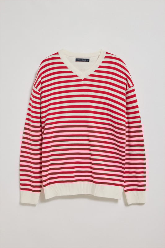 Entdecken Sie den zeitlosen Stil dieses Strickpullovers für Herren mit V- Kragen. Das gestreifte Matrosendesign aus leichter Baumwolle und Polyamid bietet Komfort und Charakter. Gerippte Details an Kragen, Ärmeln und Manschetten sorgen für einen raffinierten Touch, während der maritime Aufnäher am Ärmel und das Polo Club Etikett seinen einzigartigen Charakter unterstreichen.