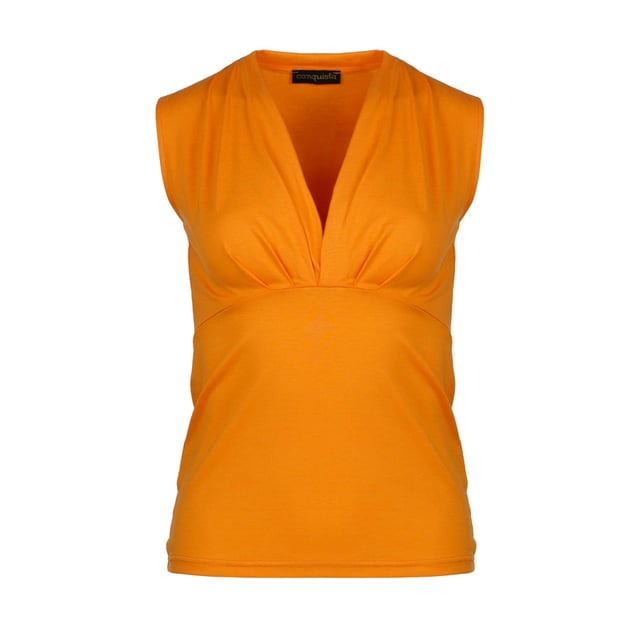 Eleva tu guardarropa con este elegante top naranja sin mangas con cuello en V, diseñado para brindar comodidad y estilo. Confeccionado con una mezcla premium de viscosa y elastano, este top ofrece una sensación suave y transpirable con un ajuste elástico favorecedor. El profundo escote en V y el sutil fruncido añaden un toque de sofisticación, haciéndolo perfecto tanto para ocasiones informales como elegantes. Combínalo sin esfuerzo con pantalones, faldas o jeans a medida para lograr un look elegante y atemporal. Ideal para usar en capas o sola, esta pieza versátil es imprescindible para cualquier guardarropa de moda.