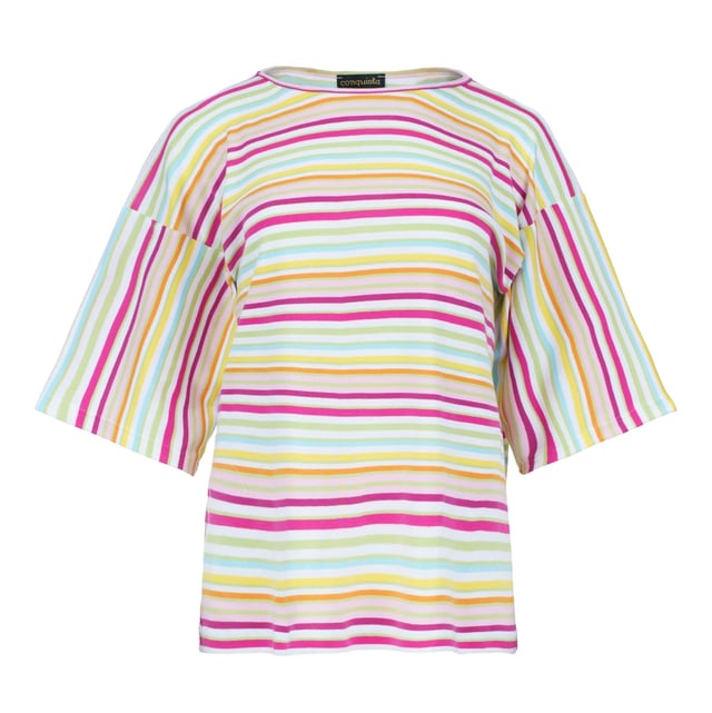Añade un toque divertido a tu guardarropa con este top a rayas de gran tamaño, confeccionado con tela ripstop 100 % algodón para una sensación ligera y transpirable. Con un corte cuadrado relajado y una silueta en forma de huevo, este top ofrece comodidad y estilo sin esfuerzo. Las mangas anchas hasta los codos brindan una apariencia moderna y aireada, lo que la hace perfecta para salidas informales o para usar en capas. Su vibrante patrón de rayas multicolor agrega un ambiente fresco y divertido a tus atuendos cotidianos. Combínalo con jeans, faldas o pantalones cortos para lograr un look elegante y cómodo. Largo: 65 cm (talla S).